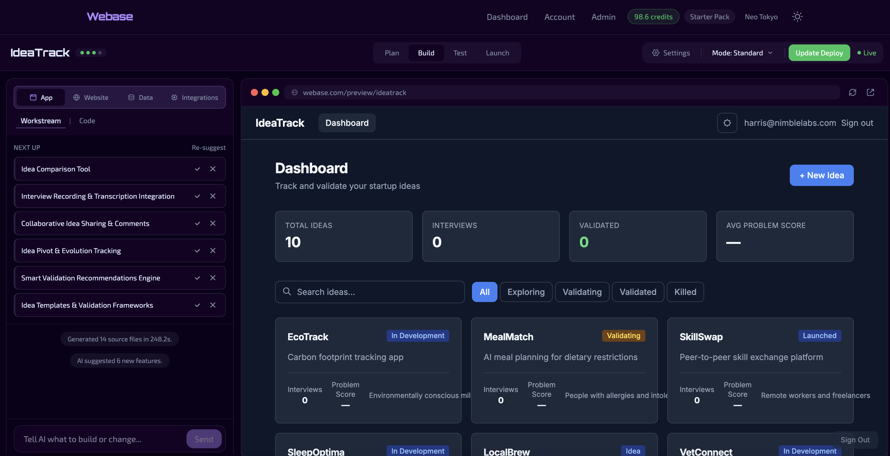 Webase build app view showing app generation