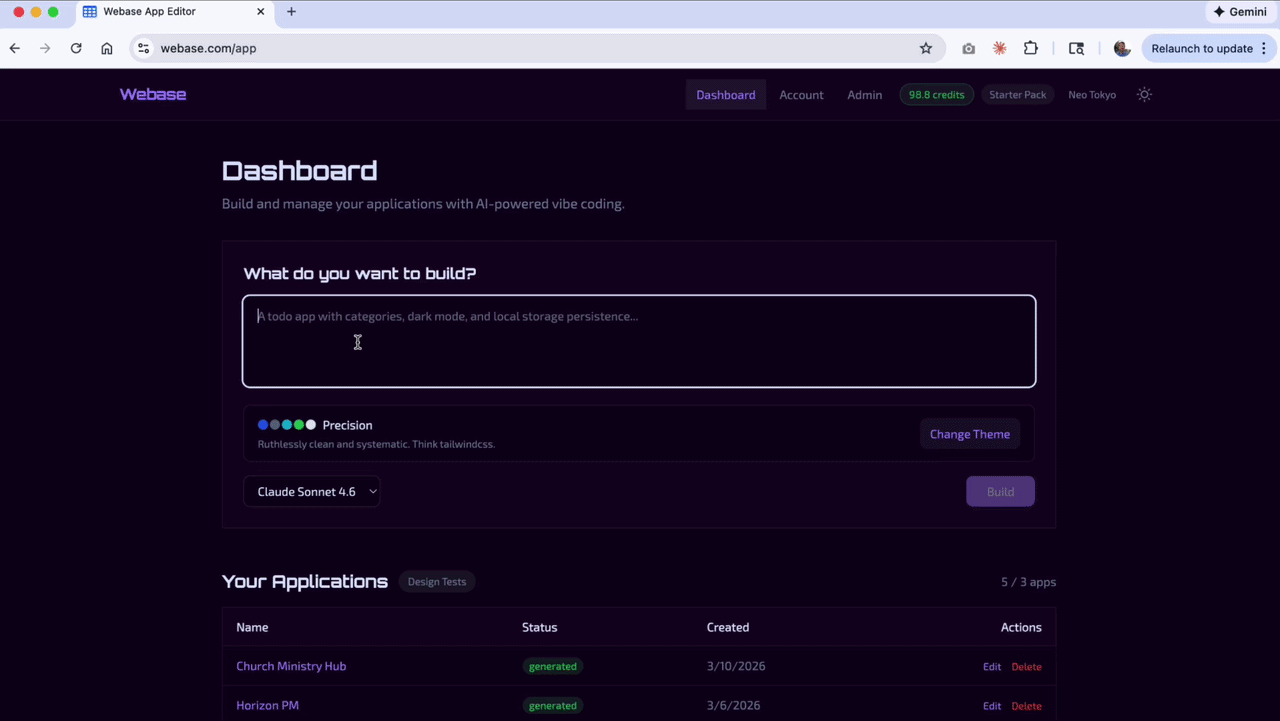 Webase demo showing app creation workflow