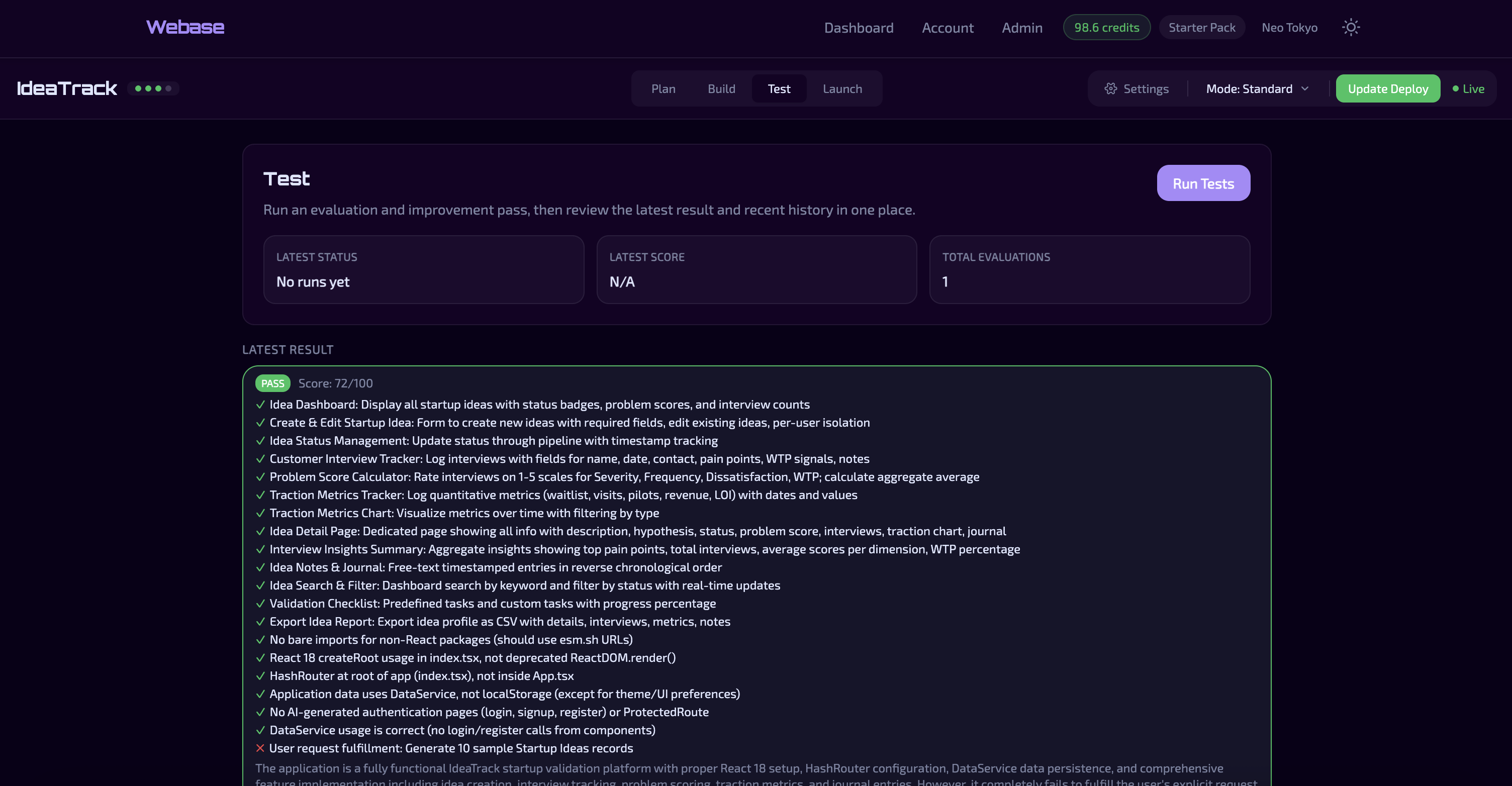 Webase test view showing app checks and results